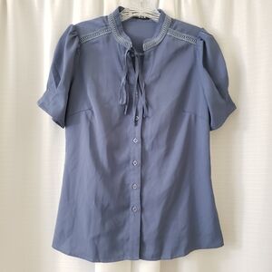 XSmall Allegra K Blue Button Front Short Sleeve Blouse